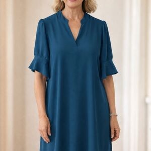Elegant Split Neckline Blue Ruffle Sleeve Dress